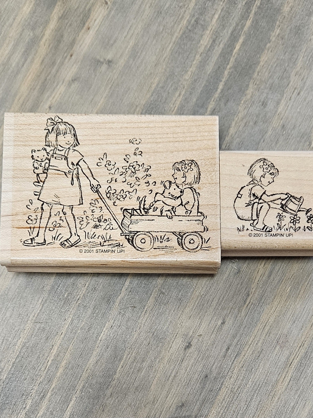 Stampin' Up! Wood Rubber Stamp Set - Girl & Wagon Design - Natural Wood